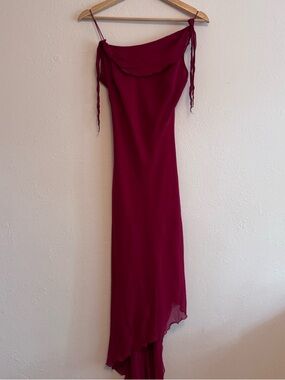 Elegant Burgundy silk Slip Dress with Asymmetric Hem